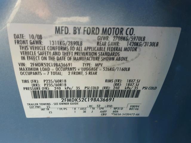 2FMDK52C19BA36691 - 2009 FORD FLEX SEL Կապույտ լուսանկար 10