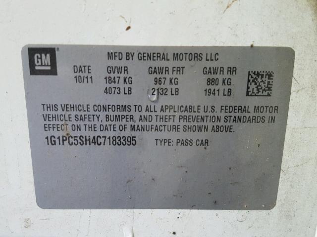 1G1PC5SH4C7183395 - 2012 CHEVROLET CRUZE WHITE photo 10