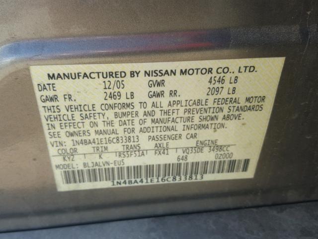 1N4BA41E16C833813 - 2006 NISSAN MAXIMA SE GRAY photo 10