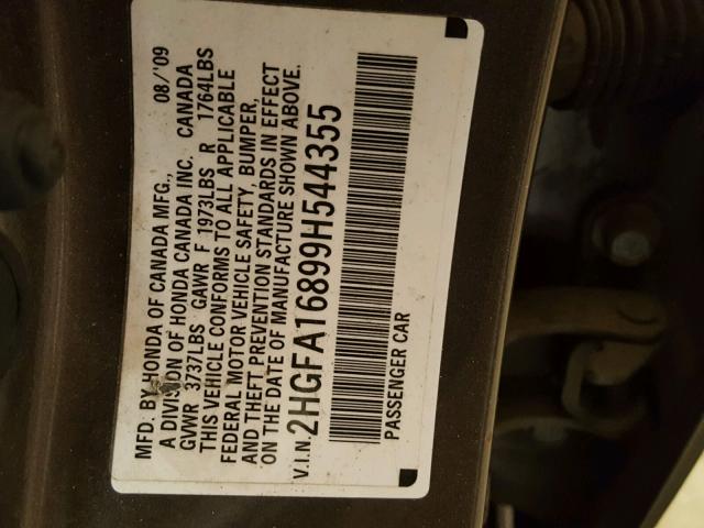 2HGFA16899H544355 - 2009 HONDA CIVIC EX GRAY photo 10