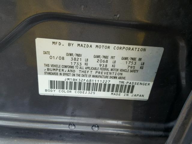 JM1BK32F681111227 - 2008 MAZDA 3 GRAY photo 10