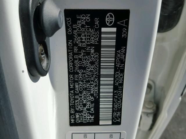 JTDBE32K730226230 - 2003 TOYOTA CAMRY LE WHITE photo 10