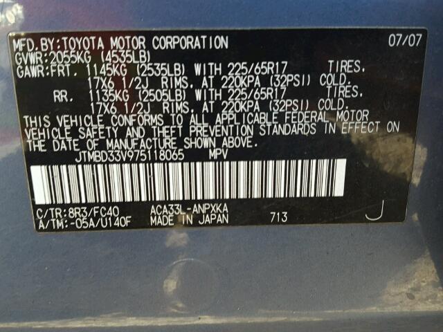 JTMBD33V975118065 - 2007 TOYOTA RAV4 BLUE photo 10