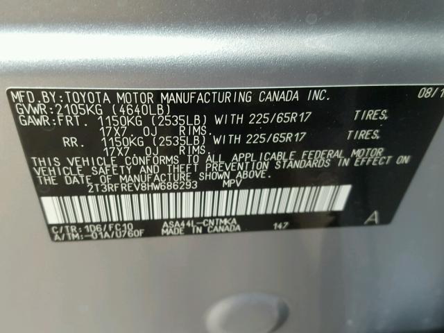 2T3RFREV8HW686293 - 2017 TOYOTA RAV4 XLE SILVER photo 10