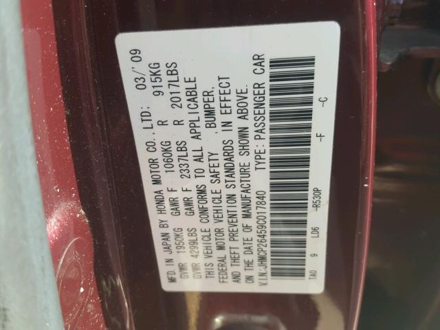 JHMCP26459C017840 - 2009 HONDA ACCORD LXP MAROON photo 10