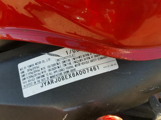 JYARJ08EX6A007461 - 2006 YAMAHA FZ6 S RED photo 10