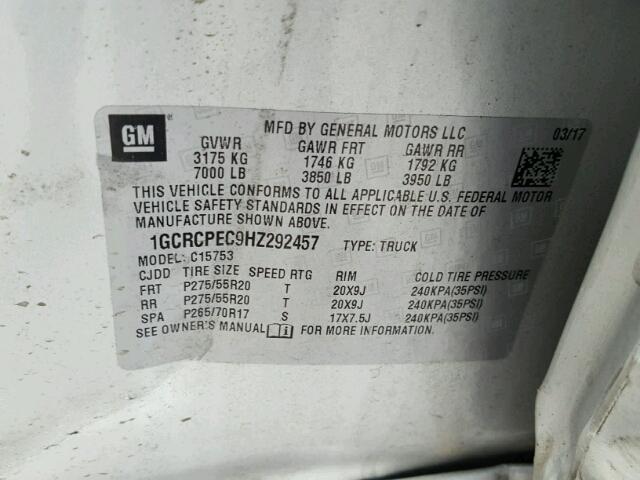 1GCRCPEC9HZ292457 - 2017 CHEVROLET SILVERADO SILVER photo 10