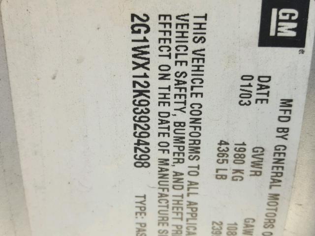 2G1WX12K939294298 - 2003 CHEVROLET MONTE CARL ვერცხლისფერი ფოტო 10