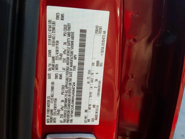 1FMCU0J96HUA94724 - 2017 FORD ESCAPE TIT RED photo 10