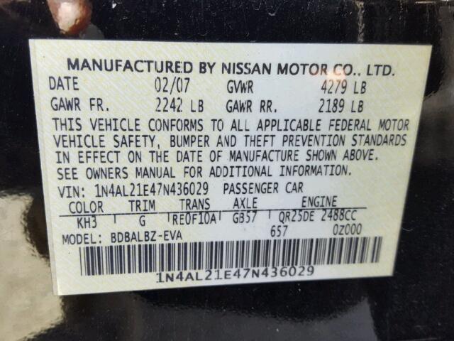 1N4AL21E47N436029 - 2007 NISSAN ALTIMA 2.5 BLACK photo 10