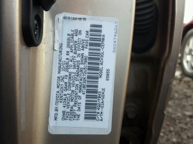 4T1BE32K72U517880 - 2002 TOYOTA CAMRY LE GOLD photo 10