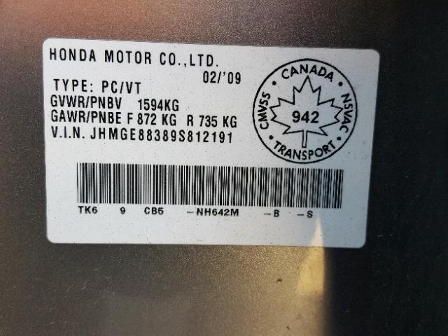 JHMGE88389S812191 - 2009 HONDA FIT DX-A GRAY photo 10