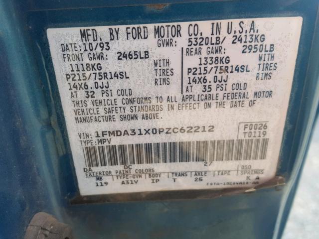 1FMDA31X0PZC62212 - 1993 FORD AEROSTAR GREEN photo 10