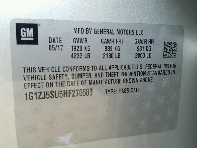 1G1ZJ5SU5HF270683 - 2017 CHEVROLET MALIBU HYB 银色 照片 10