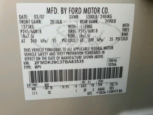 2FMDK39C37BA83535 - 2007 FORD EDGE SEL P WHITE photo 10