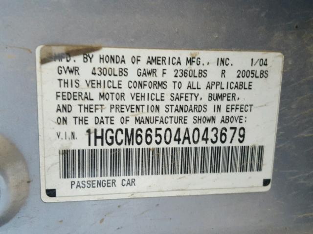 1HGCM66504A043679 - 2004 HONDA ACCORD SILVER photo 10