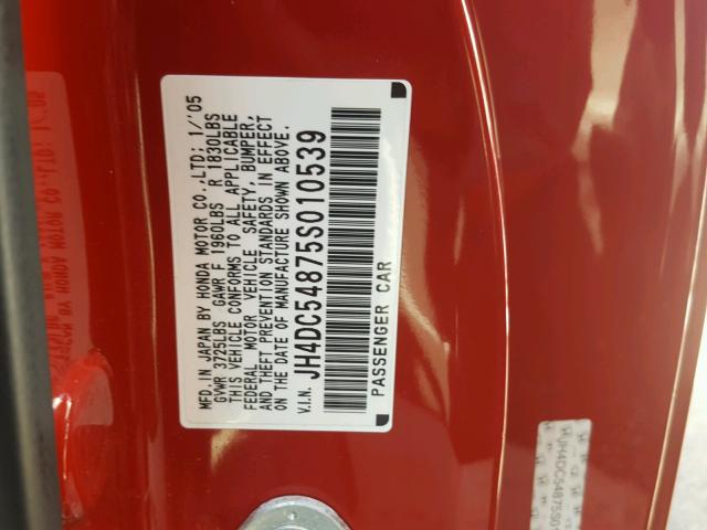 JH4DC54875S010539 - 2005 ACURA RSX RED photo 10