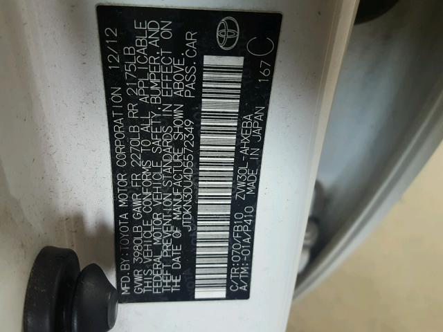 JTDKN3DU4D5572349 - 2013 TOYOTA PRIUS WHITE photo 10