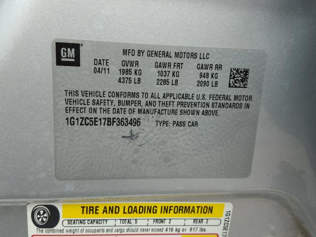 1G1ZC5E17BF363496 - 2011 CHEVROLET MALIBU 1LT ვერცხლისფერი ფოტო 10