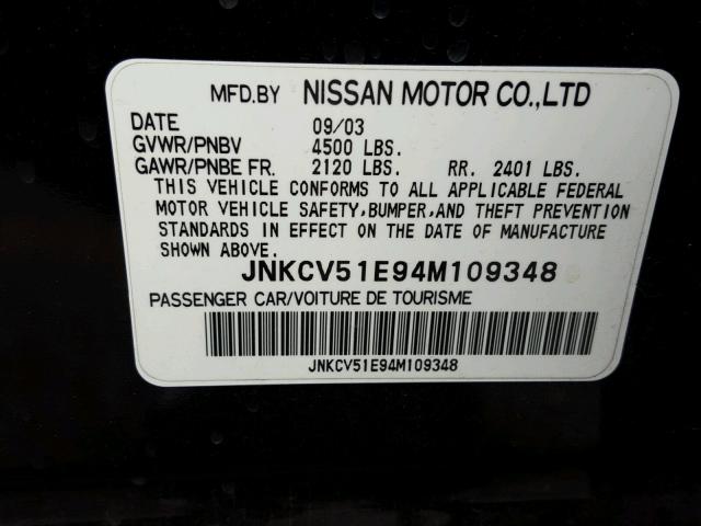 JNKCV51E94M109348 - 2004 INFINITI G35 BLACK photo 10