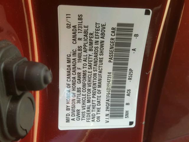 2HGFA1F64BH547314 - 2011 HONDA CIVIC LX-S BURGUNDY photo 10