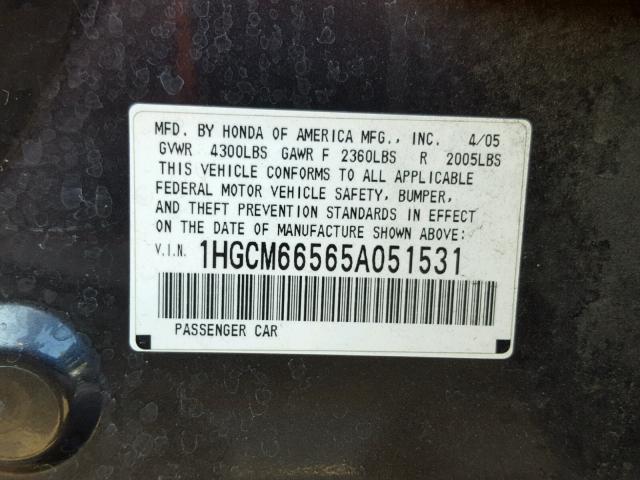 1HGCM66565A051531 - 2005 HONDA ACCORD EX CHARCOAL photo 10