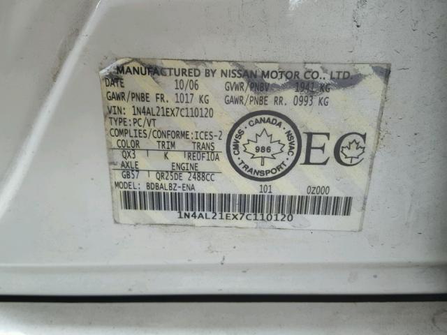 1N4AL21EX7C110120 - 2007 NISSAN ALTIMA 2.5 WHITE photo 10