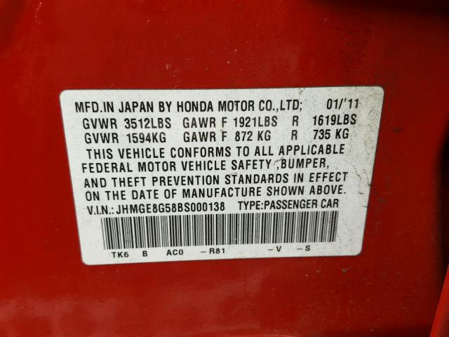 JHMGE8G58BS000138 - 2011 HONDA FIT RED photo 10