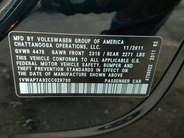 1VWAP7A32CC029730 - 2012 VOLKSWAGEN PASSAT S Negro foto 10