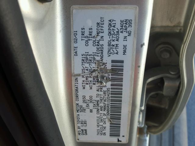 JT3GN86R810204295 - 2001 TOYOTA 4RUNNER GRAY photo 10