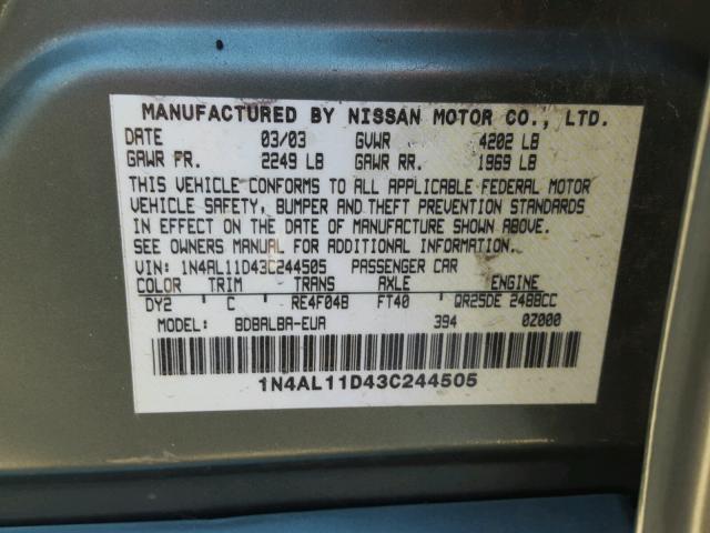 1N4AL11D43C244505 - 2003 NISSAN ALTIMA BAS GREEN photo 10