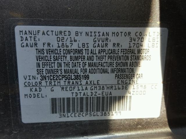 3N1CE2CP5GL385199 - 2016 NISSAN VERSA NOTE GRAY photo 10