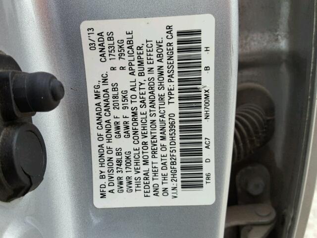 2HGFB2F51DH539670 - 2013 HONDA CIVIC LX SILVER photo 10