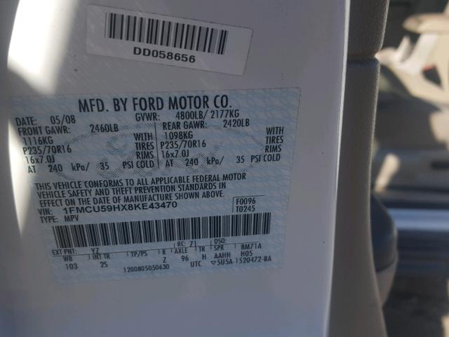 1FMCU59HX8KE43470 - 2008 FORD ESCAPE HEV WHITE photo 10