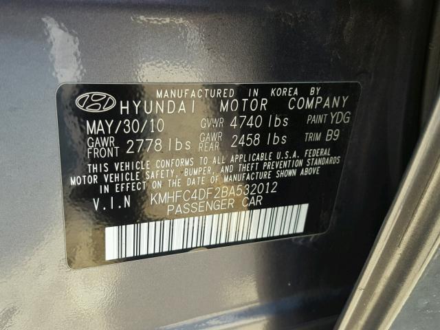 KMHFC4DF2BA532012 - 2011 HYUNDAI AZERA GLS GRAY photo 10