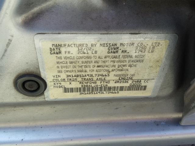 3N1AB51A93L734665 - 2003 NISSAN SENTRA SE- GRAY photo 10