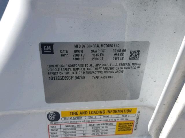 1G1ZC5E09CF194736 - 2012 CHEVROLET MALIBU 1LT 白色 照片 10