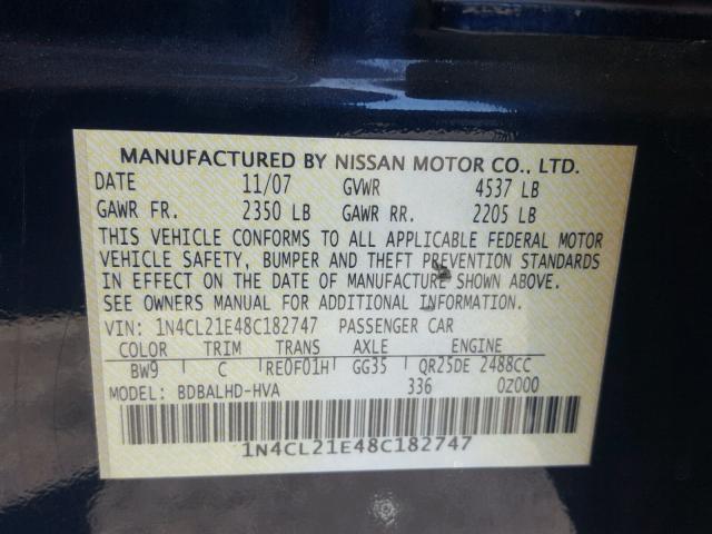 1N4CL21E48C182747 - 2008 NISSAN ALTIMA HYB BLUE photo 10