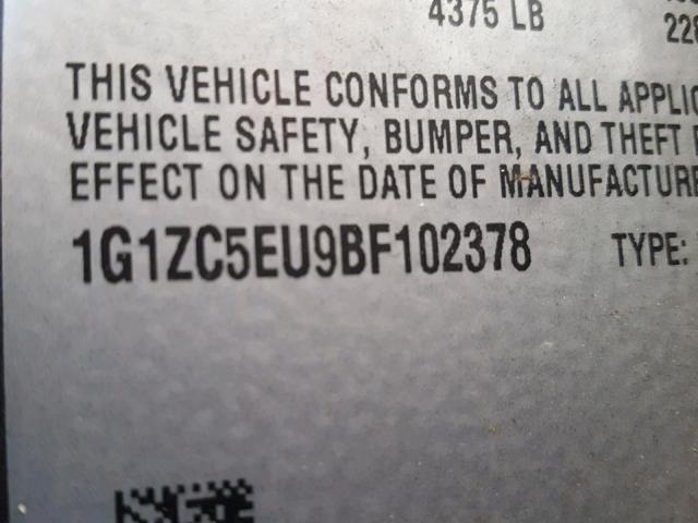 1G1ZC5EU9BF102378 - 2011 CHEVROLET MALIBU 1LT გრაფიტი ფოტო 10