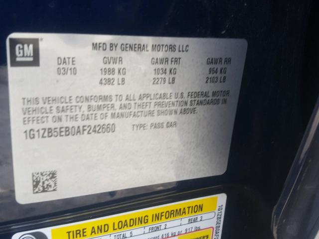 1G1ZB5EB0AF242660 - 2010 CHEVROLET MALIBU LS BLUE photo 10