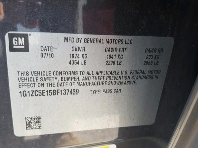 1G1ZC5E15BF137439 - 2011 CHEVROLET MALIBU 1LT CHARCOAL photo 10