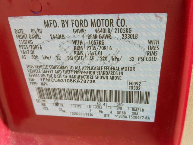 1FMCU93108KA78736 - 2008 FORD ESCAPE XLT RED photo 10