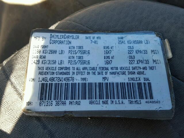 1J4GL48K72W149678 - 2002 JEEP LIBERTY SP BROWN photo 10