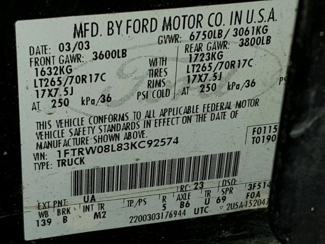 1FTRW08L83KC92574 - 2003 FORD F150 BLACK photo 10