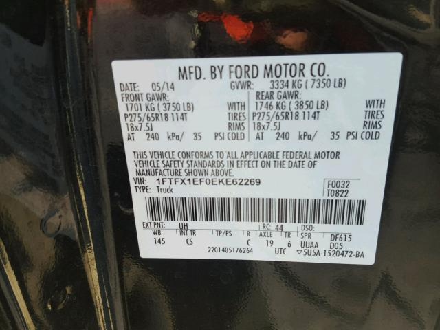 1FTFX1EF0EKE62269 - 2014 FORD F150 SUPER BLACK photo 10