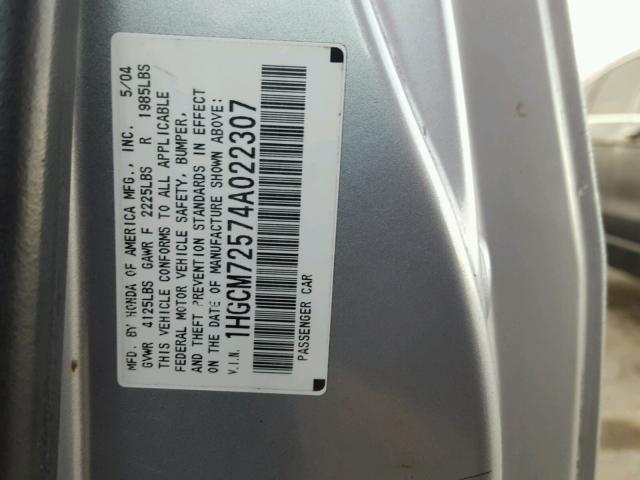 1HGCM72574A022307 - 2004 HONDA ACCORD SILVER photo 10