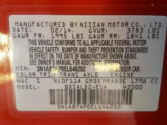 3N1AB7AP0EL646252 - 2014 NISSAN SENTRA S RED photo 10