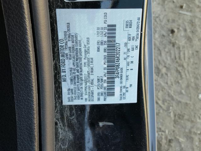 3FAFP08Z46R202217 - 2006 FORD FUSION BLACK photo 10