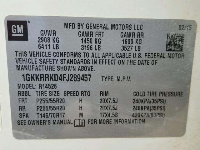 1GKKRRKD4FJ289457 - 2015 GMC ACADIA SLT თეთრი ფოტო 10