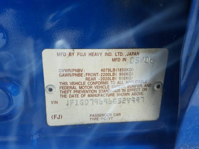 JF1GD79696G524997 - 2006 SUBARU IMPREZA BLUE photo 10